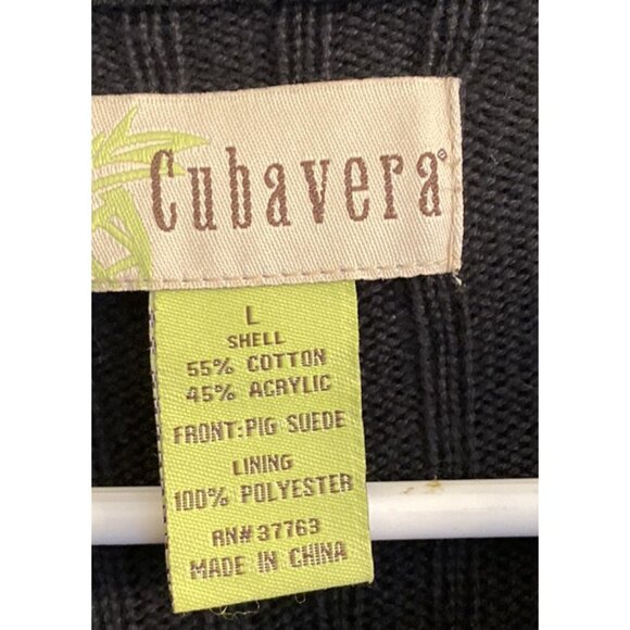 Mens Sz L Black Cubavera Zip Suede Front Ribbed Knit Sweater Jacket Retro EUC - Picture 5 of 9